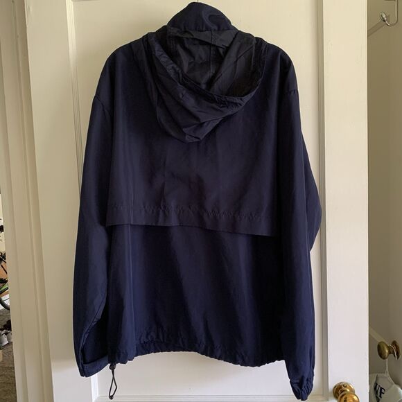 Eddie Bauer Jacket Large Windbreaker Navy Blue Full Zip Coat Hooded Mens Pockets - Picture 2 of 8